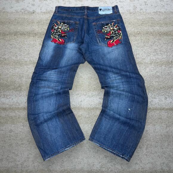 Other - Vintage Y2K Ed Hardy Skater Jeans 34x32 Baggy Wide Leg Dark Wash Denim Rap Style